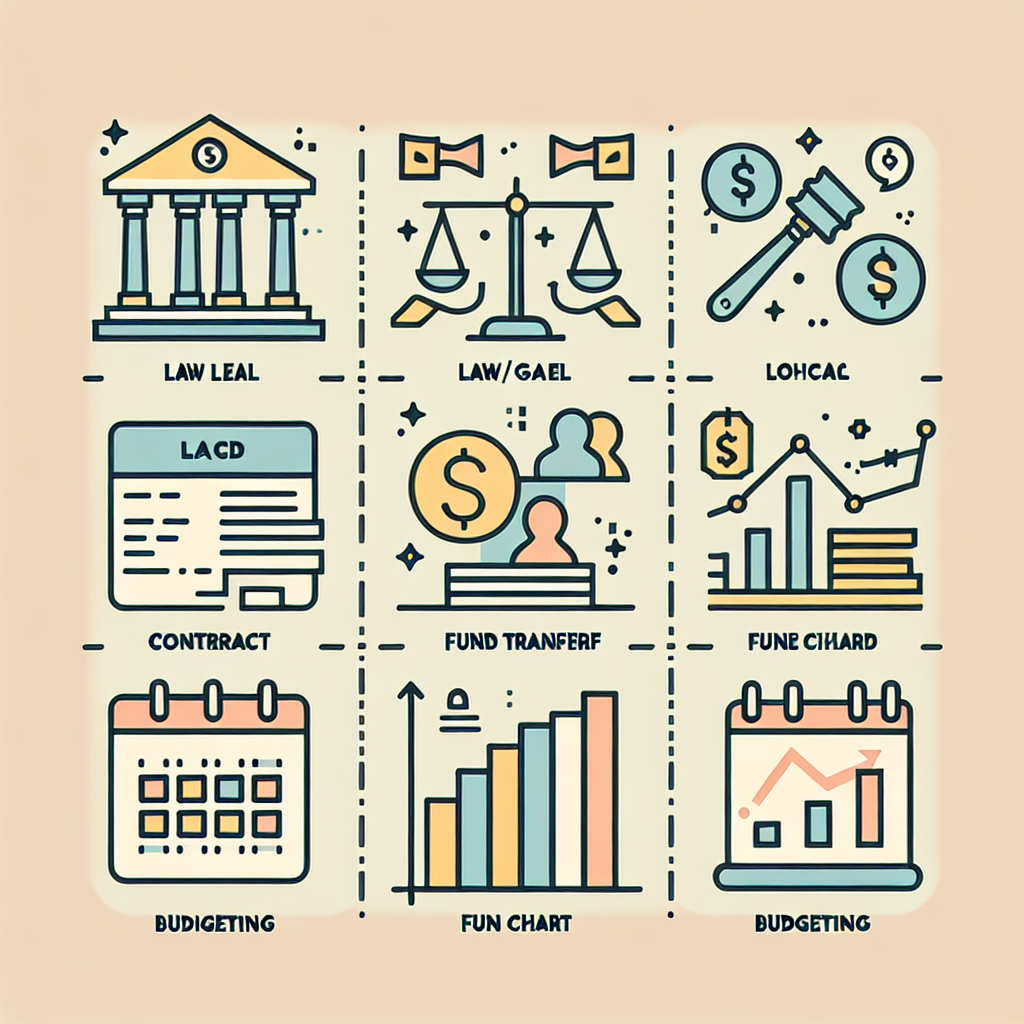 Icons representing law and budgeting concepts